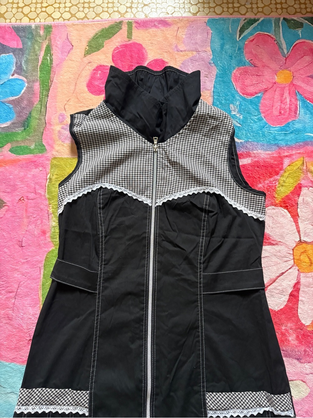 Sleeveless Black Gingham Trim Vest Dress